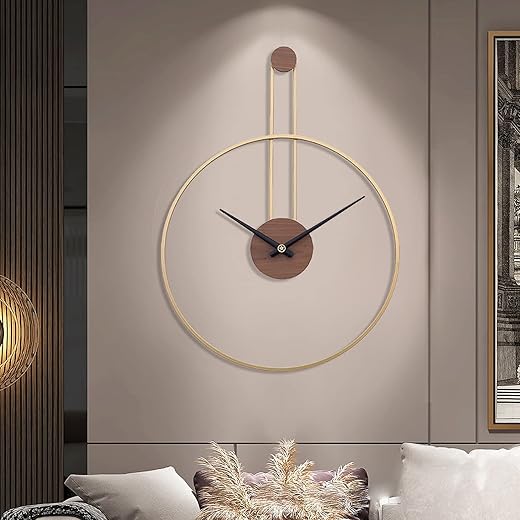 YISITEONE Large Decorative Wall Clock for Living Room,Metal & Walnut Dial Home Decor Silent Non Ticking Lightweight Clocks for Bedroom, Study, Office Decorations, 24.4"x17.7",(Gold, Medium)