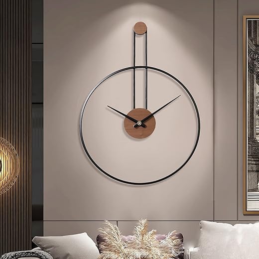 YISITEONE Medium Decorative Wall Clock for Living Room,Metal & Walnut Dial Home Decor Silent Non Ticking Lightweight Clocks for Bedroom, Study, Office Decorations, 24.4" X 17.7",Black