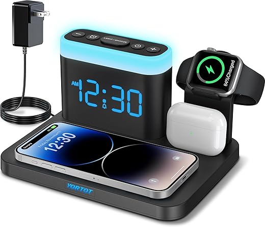 YORTOT Alarm Clock Charging Station, 7 Night Light, Wireless Charger Dock for Multiple Devices, for iPhone 15/14/13 Pro/Pro Max/12/11/X/XR, Apple Watch, AirPods