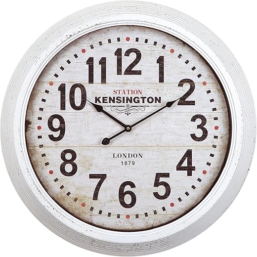 Yosemite Home Decor Circular Iron Wall Clock, White Frame, White Face, Black Text, Black Hands