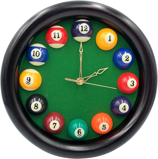 Yuanhe Billiards Pool Ball Clock - 11Inch Round Pool Table Cool Wall Clock with Wood Frame,Great for Billiards Room,Pool Room,Game Room,Bar