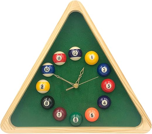 Yuanhe Billiards Pool Ball Clock - 14Inch Triangle Pool Table Cool Wall Clock with Solid Wood Frame,Great for Billiards Room,Pool Room,Game Room,Bar