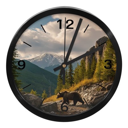 YZUOUZY Bathroom Wall Decor,Clock,PP Plastic Wall Clocks Battery Operated,Grizzly Bear Mountains Sunset