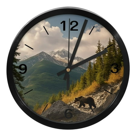 YZUOUZY Bathroom Wall Decor,Clock,PP Plastic Wall Clocks,Grizzly Sunset Bear Mountains