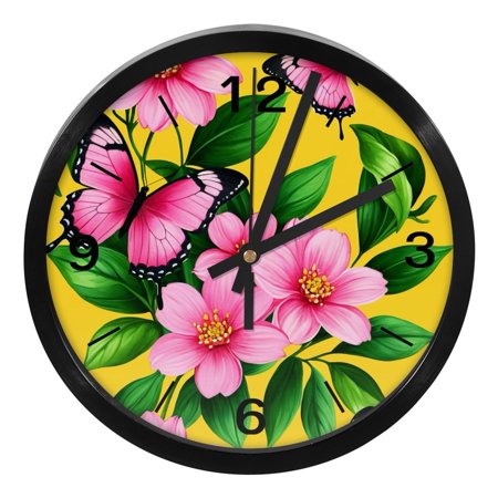 YZUOUZY Wall Decor,Clock,PP Plastic Clocks for Living Room,Butterflies Pink Orchids Palm Leaves