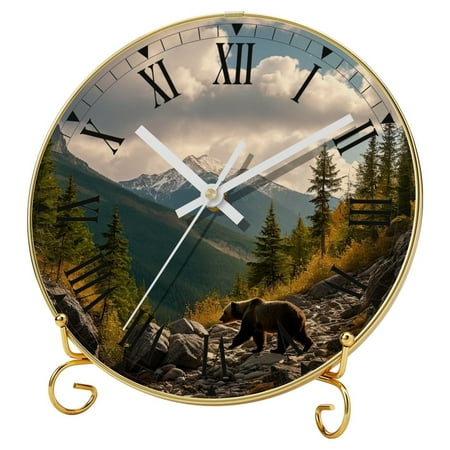 YZUOUZY Wall Decor Living Room,Clock,Tempered Glass Wall Clocks Battery Operated,Grizzly Bear Sunset Mountains