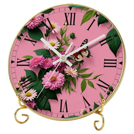 YZUOUZY Wall Decor Living Room,Clock,Tempered Glass Wall Clocks,Flowers Butterflies Pink Background