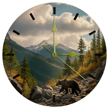 YZUOUZY Wall Decor,Wall Clock,Acrylic Classroom Decorations,Grizzly Bear Sunset Mountains