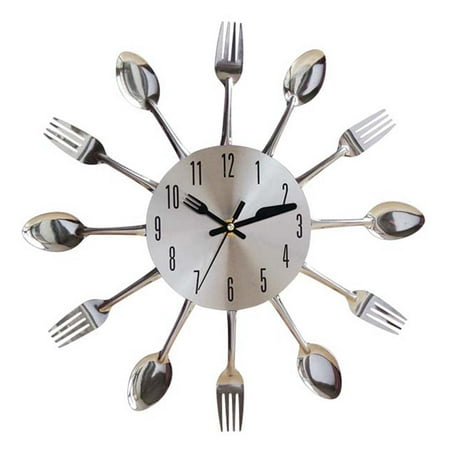 Zerone 3D Creative Cutlery Wall Clock,Stainless Steel Cutlery Utensil Wall Clock with Spoons and Forks, Modern Mirror Surface Kitchen Cutlery Decoration for Home Decor-Sliver