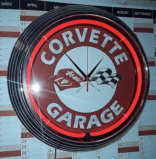 ZEROPOINT-SHOP NEON CLOCK - CORVETTE GARAGE SIGN RED - WORKSHOP WALLCLOCK WITH RED NEON RIM!