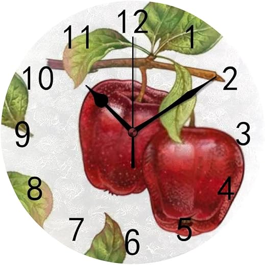 ZHONGJI Wall Clock PVC Hand Draw Red Apples Silent Non Ticking Decorative Battery Operated Accurate Home Kitchen Living Room Bedroom School 10 Inch