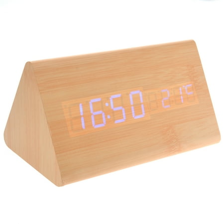 015-11 USB /AAA Powered Triangle Shaped Voice Control Blue Light Digital LED Wooden Desk Alarm Clock with Date /Temperature (Burlywood)