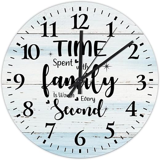 10 Inch Time Spent with Family is Worth Every Second Wood Clock Silent Non Ticking Family Positive Saying Cool Room Accessories Arabic Numbers Round Clock Easy to Read for Home Office