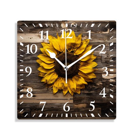 10 Inch Wall Clock Battery Operated Silent Clock Decorative for Office, Kitchen, Outdoor, Living RoomYellow Sunflower Brown Burlap Lovely