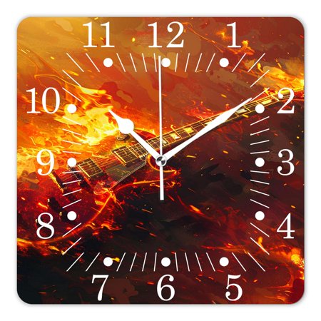 10 Inch Wall Clock Battery Operated Square Clock for Office, Kitchen, Outdoor, Living Room,Fire Rock with Guita Exquisite