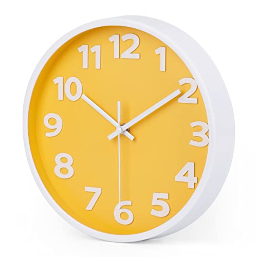 10 Inch Yellow Modern Wall Clock Silent Non-Ticking Battery Operated Wall Clocks for Home Office School Decor,3D Numbers Easy to Read