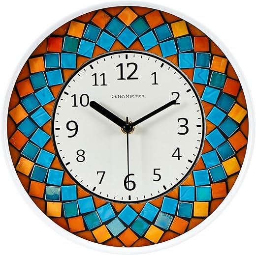 10'' Mosaic Wall Clock Glass Tile Orange Flower Decorative Silent-Non Ticking Office Living Kitchen CLK005