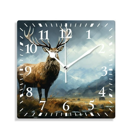 12 Inch Wall Clock Battery Operated Silent Clock Decorative for Office, Kitchen, Outdoor, Living Room，Whitetail Deer Fawn in Wilderness Countryside Lovely Drawing