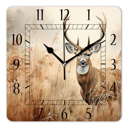 12 Inch Wall Clock Battery Operated Square Clock Decorative for Office, Kitchen, Outdoor, Living Room，Whitetail Deer Fawn in Wilderness Countryside