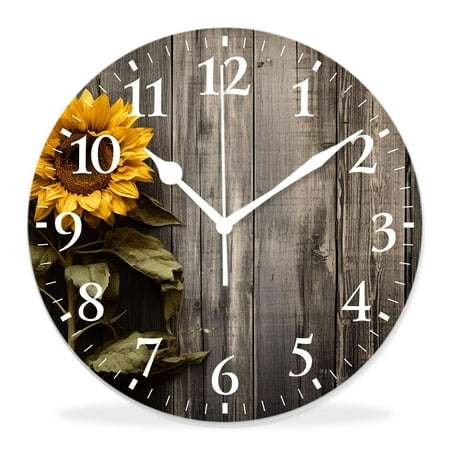 14 Inch Wall Clock Battery Operated Silent Clock Decorative for Office, Kitchen, Outdoor, Living Room，Yellow Sunflower Brown Burlap Print