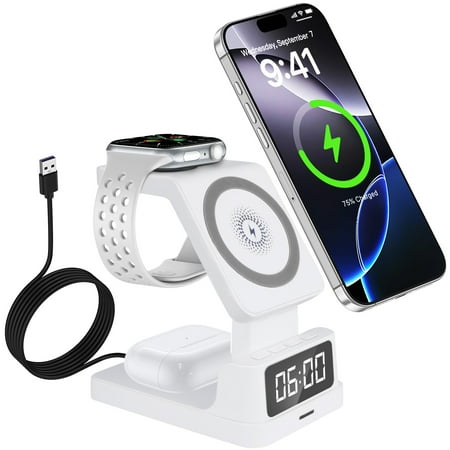 15W Magnetic Qi Wireless Charger for iPhone Android,HopePow 4 in 1 Fast Charging Station for Apple Multiple Devices with Alarm Clock Charging Dock Stand for Samsung,Apple Products,iWatch,Airpod,White