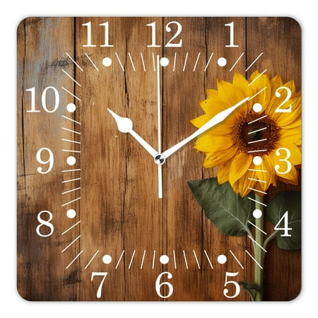 16 Inch Wall Clock Battery Operated Square Clock for Office, Kitchen, Outdoor, Living Room,Yellow Sunflower Brown Burlap on Wooden Exquisite