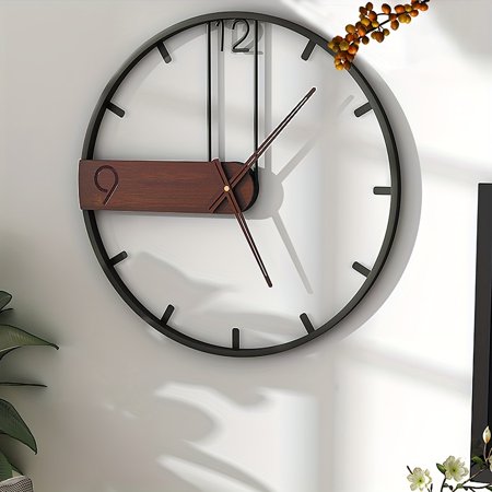 1pc Classical Large Wall Clock With Pendulum Decorative Art Clocks Round Minimalist Modern Clock Non Ticking Silent Metal Wall Clock For Living Room Bedroom Study Office, Black