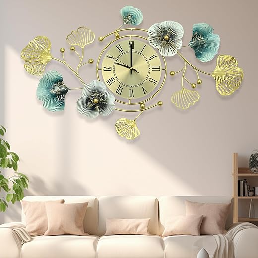 33 inch Clocks for Living Room, Large Wall Clock, 3D Decorations Metal Ginkgo Leaf Design Silent Movement Wall Clocks for Home Wall Decor Clock