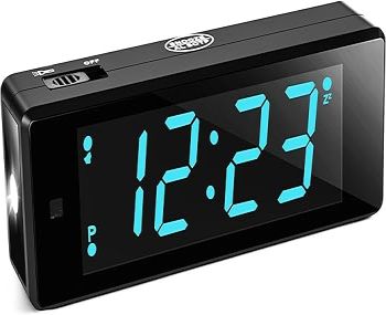 Digital Alarm Clock Battery Operated Night Visiable with Hybrid LED/LCD Time Display, Emergency Flashlight, Small Travel Clock for Bedroom Bedside (Blue Display)