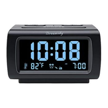 DreamSky Decent Alarm Clock Radio with FM Radio, USB Port for Charging, 1.2 Blue Digit Display with Dimmer, Temperature Display, Snooze, Adjustable Alarm Volume, Sleep Timer.