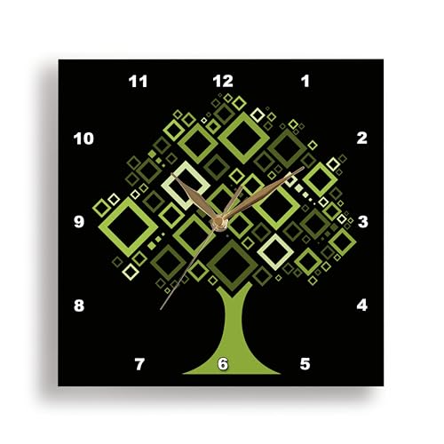 3dRose DPP_78619_2 Contemporary Tree with Diamond Shaped Leaves in Green Against a Black Background Wall Clock, 13 by 13-Inch