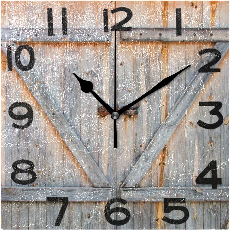 3D Stylish Wooden Barn Door Print Square Wall Clock, 8 Inch Battery Operated Quartz Analog Quiet Desk Clock for Home,Office,School