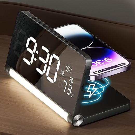 3 in 1 Alarm Clock, Digital Alarm Clock with Wireless Charging, 3 Colors Night Light, Large Display, Foldable Alarm Clocks for Bedrooms, Cool Stuff Alarm Clock