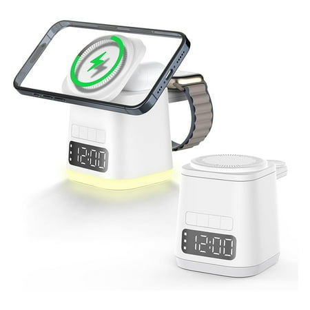 3 in 1 Charging Station,Alarm Clock,Night Light,Wireless Charging Dock, Phone Watch Charger Stand, Charger Combo White