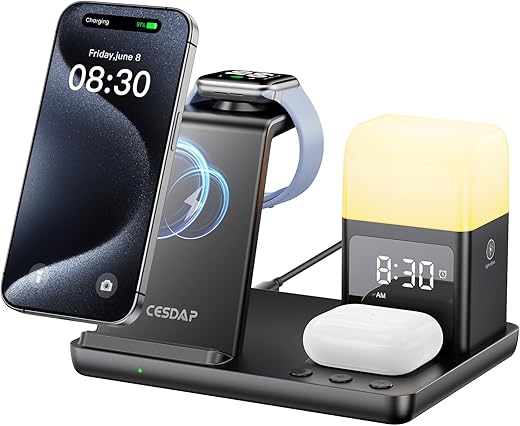 6 in 1 Wireless Charging Station for Apple Charging Station for Multiple Devices with Alarm Clock and Night Light nightstand Charging Station for iPhone 15 14 13 for Apple Watch