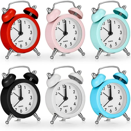 6 Pcs Mini Twin Bell Alarm Clock 2 Inch Battery Operated Loud Alarm Small Retro Vintage Travel Clock with Stereoscopic Dial for Home Office Bedroom Heavy Sleepers, 6 Colors, 2 x 3.1 x 0.7 Inch