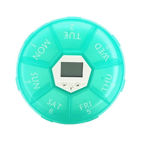 7 Compartments Alarm Clock Pill Dispenser Pill Storage Box Electronic Medication Reminder Practical Medicine Chest for Patient - English Edition (Green)