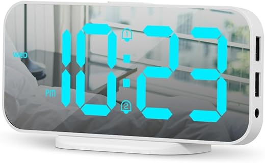 ALANAS Digital Alarm Clock with Dual Alarms, Mirror LED Bedroom Alarm Clocks for Kids, Adjustable Brightness, Snooze, 2 USB Ports for Cellphone Charging, 12/24 Hour Display.