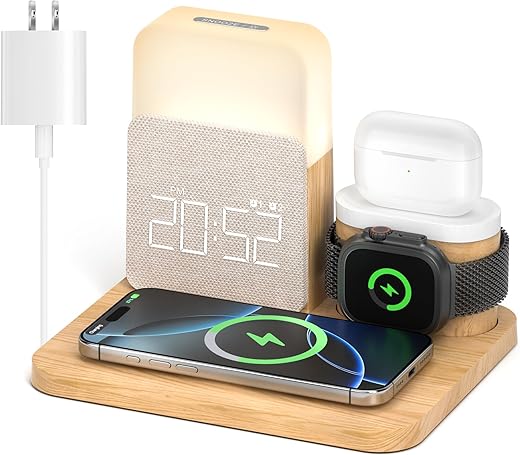 Alarm Clock Charging Station for Bedrooms, 6 in 1 Wireless Charging Station, Mag-Safe Charger with Night Light Bedside Clock for iPhone 16 15 14 13 12 Pro Max, Apple Watch, AirPods