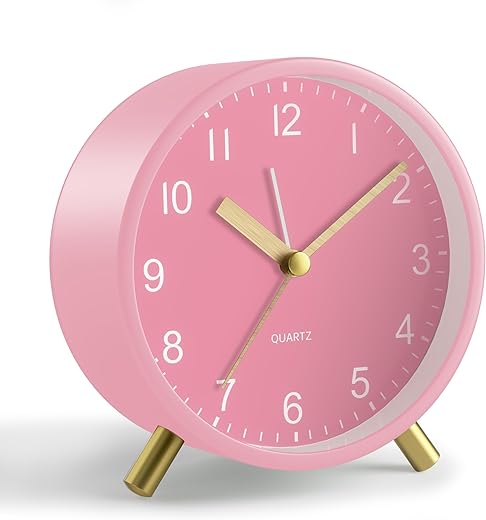 Analog Alarm Clock, 4 inch Super Silent Non Ticking Small Clock with Night Light, Battery Operated, Simple Design, easy setting for Office, Bedroom, Bedside, Desk, teens, elders, kids, adult, Pink