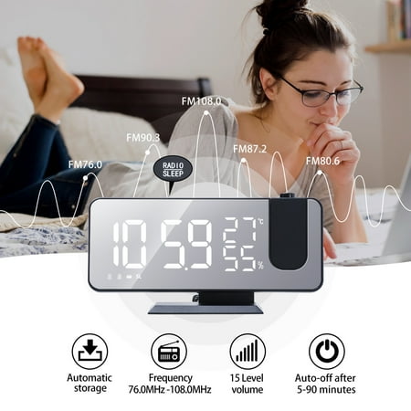 Anvazise Alarm Clock Radio Function Big Number Large Screen USB Charging Port 180 Degree Rotating LED Projection Electric Clock Daily Use Black One Size