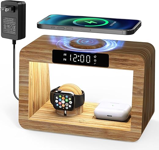 Bamboo Wireless Charging Station,Wireless Charger with Digital Alarm Clock and Night Light, Fast Charger Stand for iPhone 16/15/14/13/12/11 Pro Max/X/Xs, AirPods Pro, iWatch Series 8/7/6/5/SE