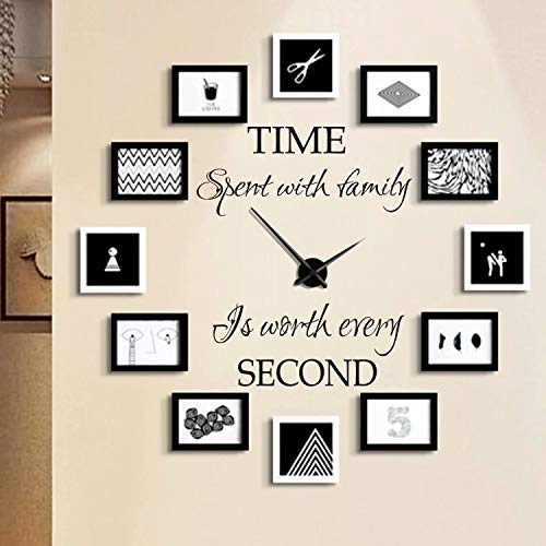 BATTOO Time Spent with Family is Worth Every Second Wall Decal Quote Clock Family Quote Wall Saying Sticker DIY Wall Art Living Room Dining Room The Photo Frames not Included 22x26