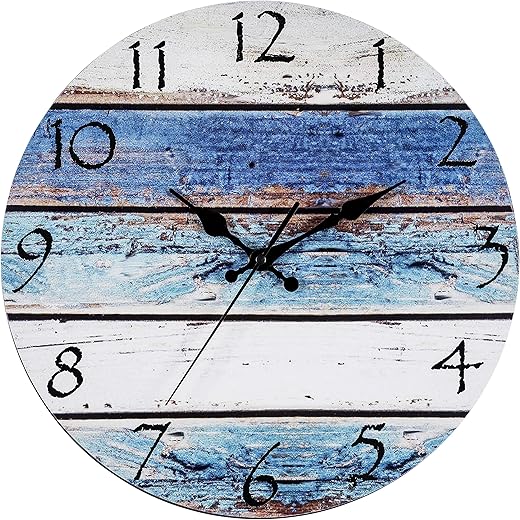 Bernhard Products Rustic Beach Wall Clock 12 Round, Silent Non Ticking Quartz Battery Operated Fiberboard Wooden Look, Vintage Shabby Beachy Ocean Coastal Nautical Decorative Kitchen Office Clocks