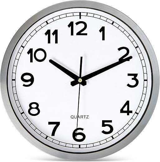 Bernhard Products Wall Clock Silent Non-Ticking Large 12" Silver Metal Frame Quartz Battery Operated Easy to Read Office Classroom Kitchen Living Room Bathroom Sweeping Clocks, Black Modern Numbers