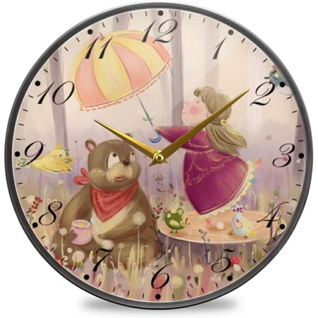 BESTKITTY Bear Fairy Tale Wall Clock Silent Non-Ticking Battery Operated Acrylic Painted Arabic Numerals Clocks 9.5 Inch for Home Kitchen Livingroom Office Classroom