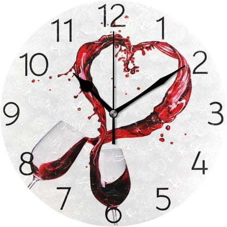 BESTKITTY Two Glasses of Red Wine Heart Splash Wall Clock 9.8 Inch Silent Round Wall Clock Battery Operated Non Ticking Creative Decorative Clock for Kids Living Room