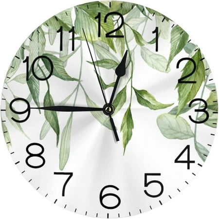 BESTKITTY Wall Clock Leaf Botanical Green White Boho Watercolor Silent Non-Ticking 10 Inch Round Clocks Battery Operated Quartz Analog for Living Room Kitchen Bedroom Bathroom