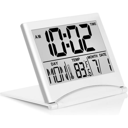 Betus Digital Travel Alarm Clock - Foldable Calendar Temperature Timer LCD Clock with Snooze Mode - Large Number Display, Battery Operated - Compact Desk Clock(Silver, No Backlight)