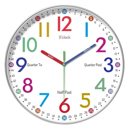 Bgageg Marstey Kids Teaching Wall Clock Time Teaching Clock Children’s Large Silent Wall Clock Battery Powered Clock For Kids Learn To Tell Time Easily（Battery Not Included）, White